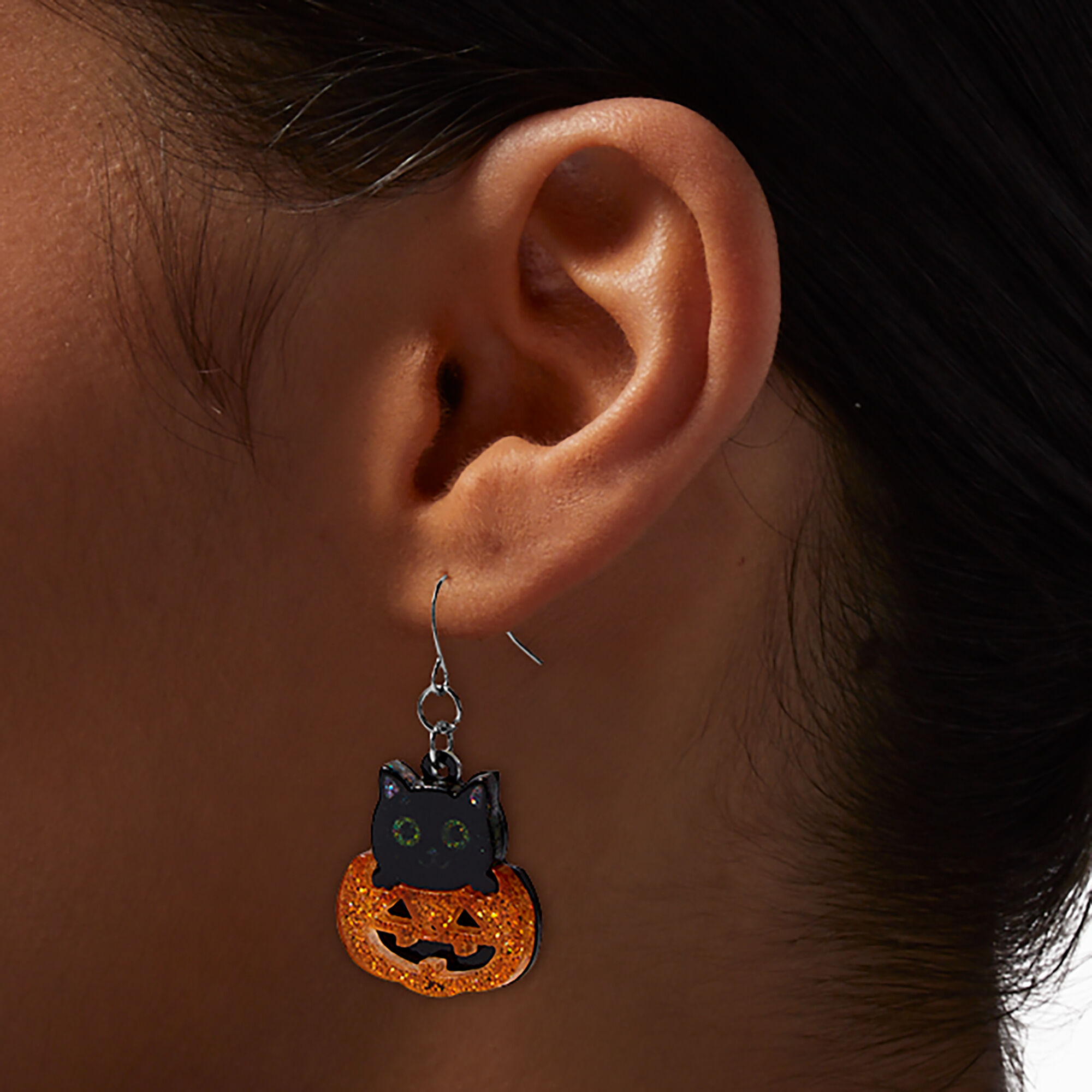 Glitter Cat Pumpkin 2 Drop Earrings Claire s US