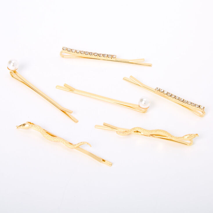 Gold Snake Rhinestone Pearl Hair Pins - 6 Pack,