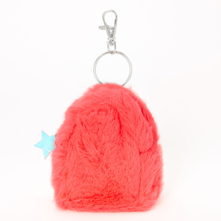 Claire's Porte-clés mini sac à dos en fausse fourrure étoile fluo - Corail