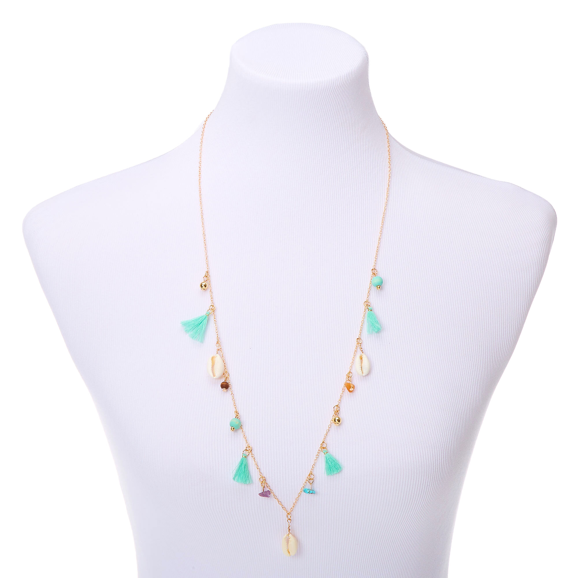 Gold Shell Tassel Long Pendant Necklace - Turquoise,