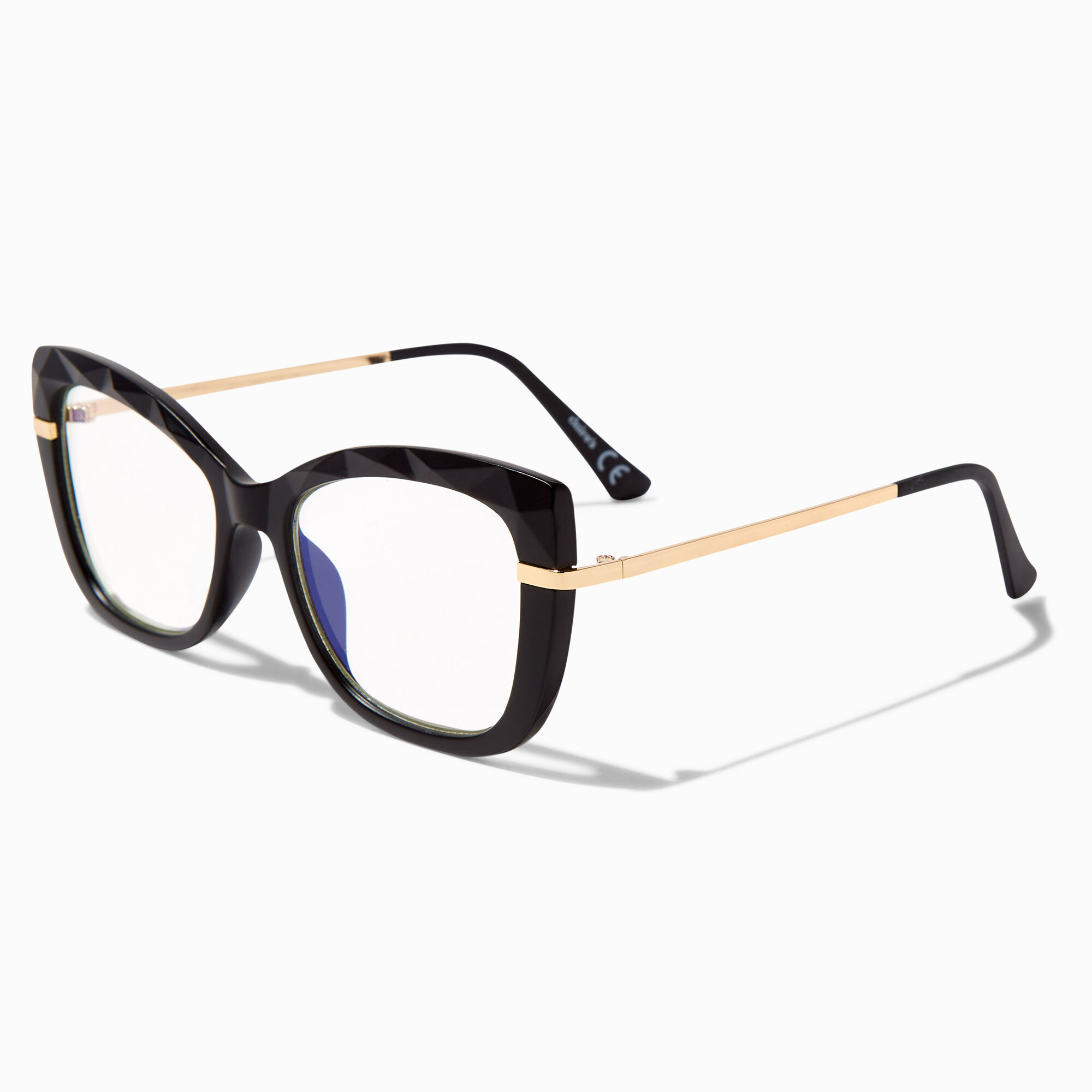 View Claires Light Reducing Beveled Black Cat Eye Clear Lens Frames Blue information