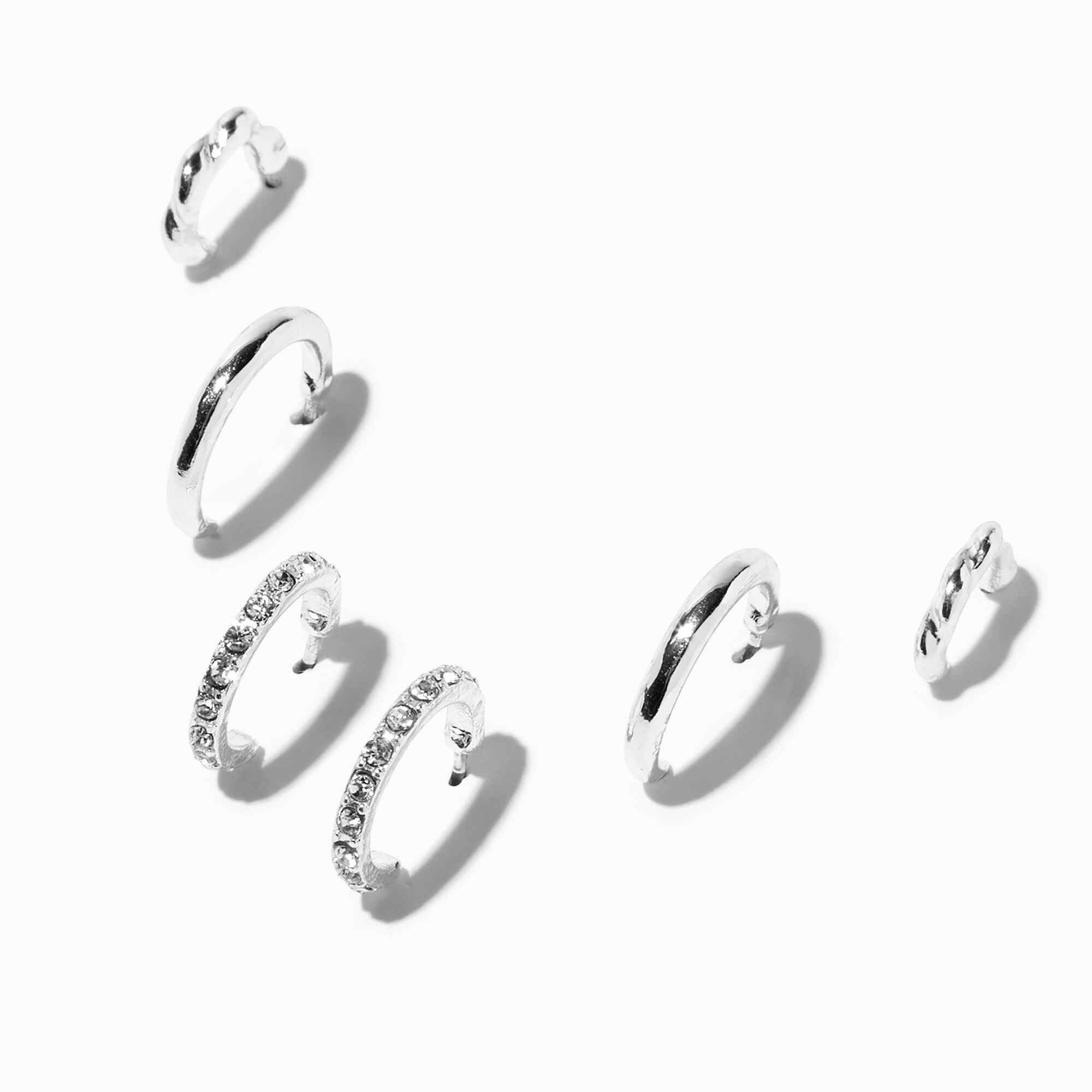View Claires Graduated Embellished Huggie Hoop Earring Stackables Set 3 Pack Silver information