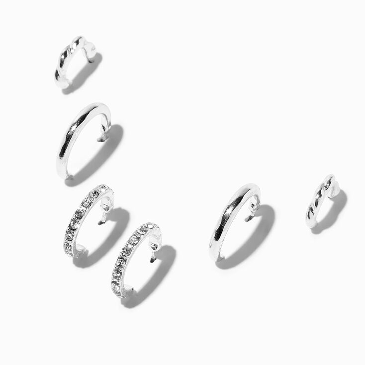 Silver Graduated Embellished Huggie Hoop Earring Stackables Set - 3 Pack,