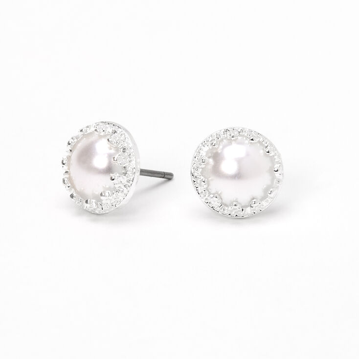 Silver Etched Frame Pearl Stud Earrings,