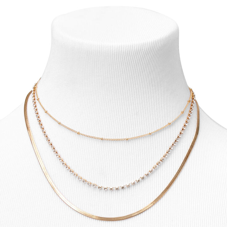 Gold Beaded, Rhinestone &amp; Snake Chain Necklaces - 3 Pack ,