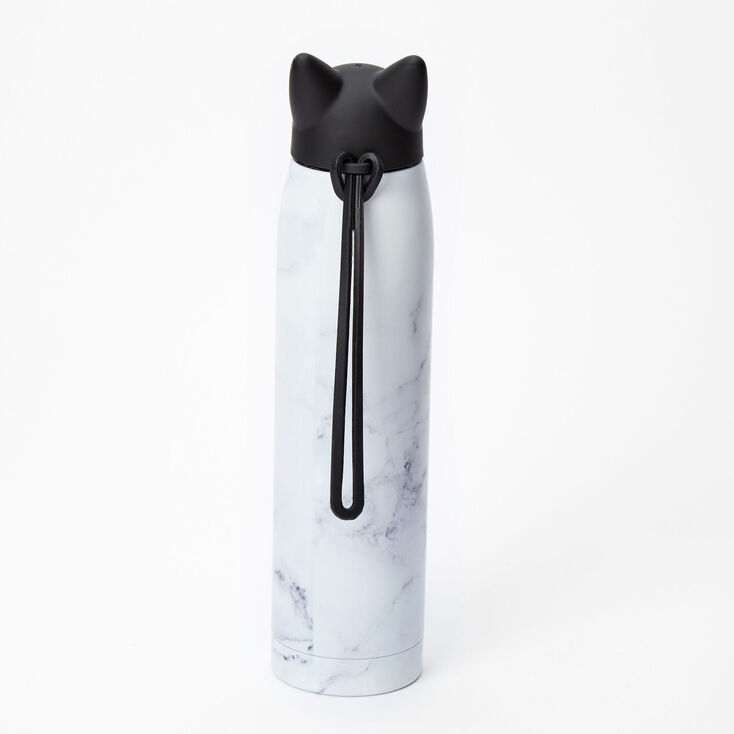 Cat Ears White Marble Print Metal Water Bottle,