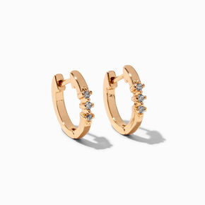 Gold Cubic Zirconia Three Stone 10MM Huggie Hoop Earrings,