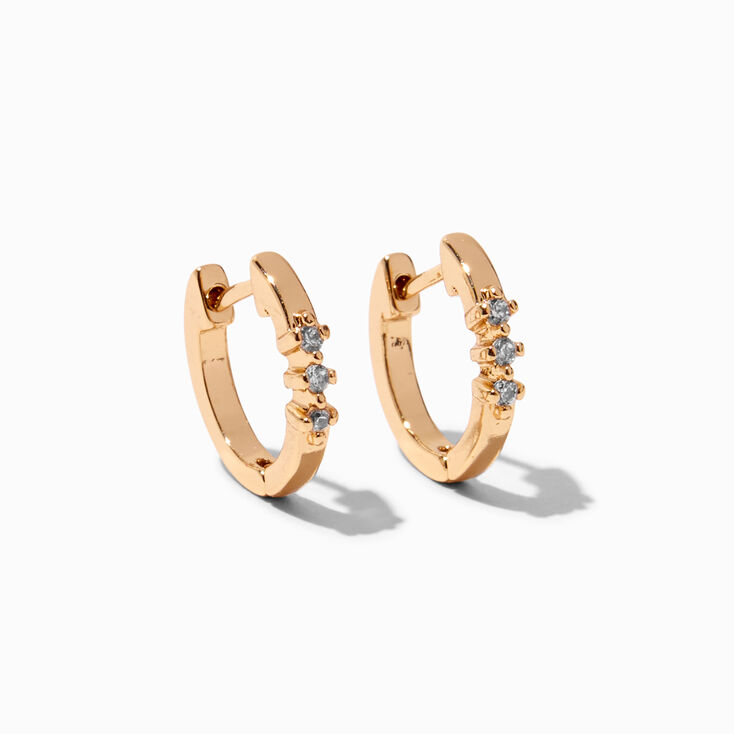 Gold-tone Cubic Zirconia Three Stone 10MM Huggie Hoop Earrings,