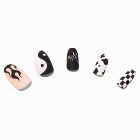 Faux ongles vegan ballerine Yin Yang noirs et blancs - Lot de 24,