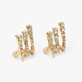 Gold Triple Dagger Crystal Stud Earrings,
