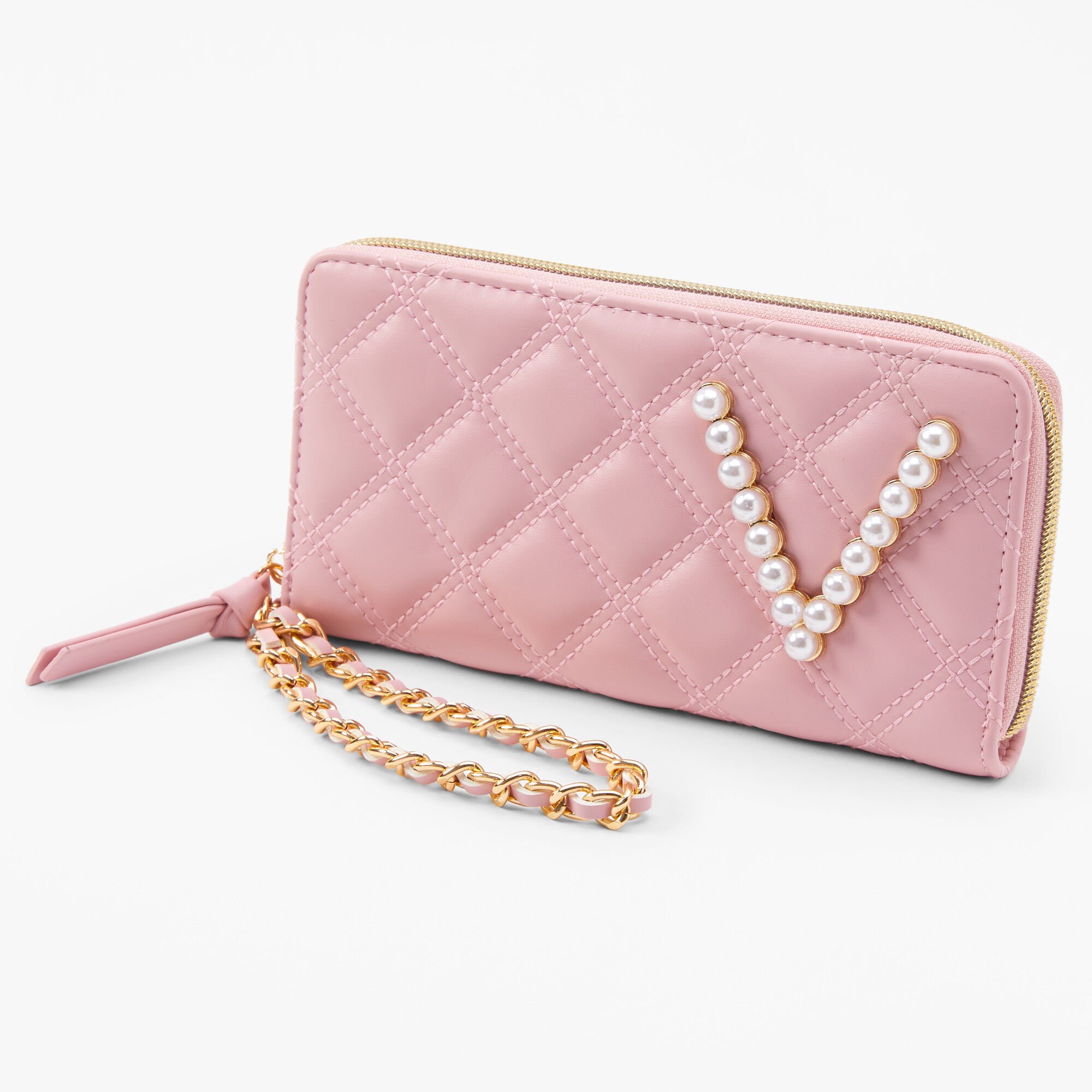 Claire's Pochette poignet à initiale avec perles d’imitation - Rose tendre, V