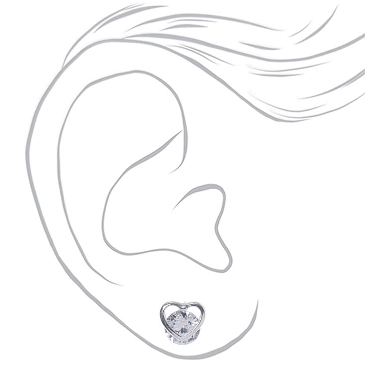 Silver Cubic Zirconia 8MM Round Heart Stud Earrings,