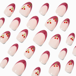 Gemstone Cherry French Tip Short Almond Vegan Faux Nail Set - 24 Pack,