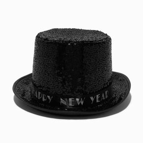 Chapeau haut-de-forme &agrave; sequins noirs &laquo;&nbsp;Happy New Year&nbsp;&raquo;,