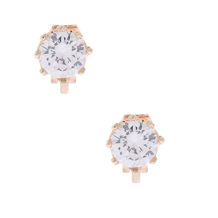 Rose Gold Cubic Zirconia 8MM Round Clip On Stud Earrings,