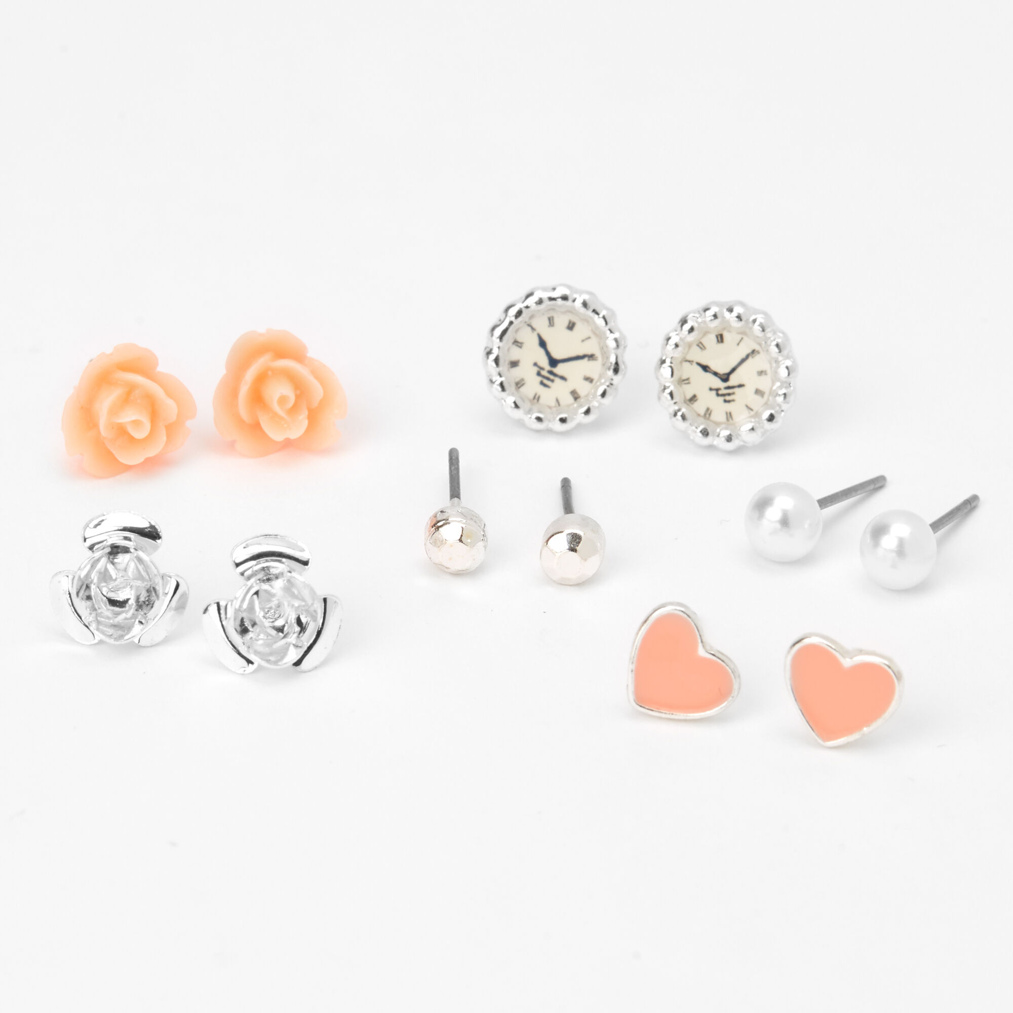 Silver Rose Pearl Stud Earrings Pink 6 Pack Claire s US