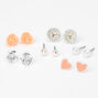 Silver Rose Pearl Stud Earrings - Pink, 6 Pack,