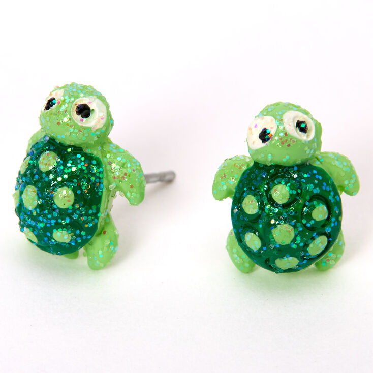 Clous d&#39;oreilles tortue avec paillettes couleur argent&eacute;e - Vert,