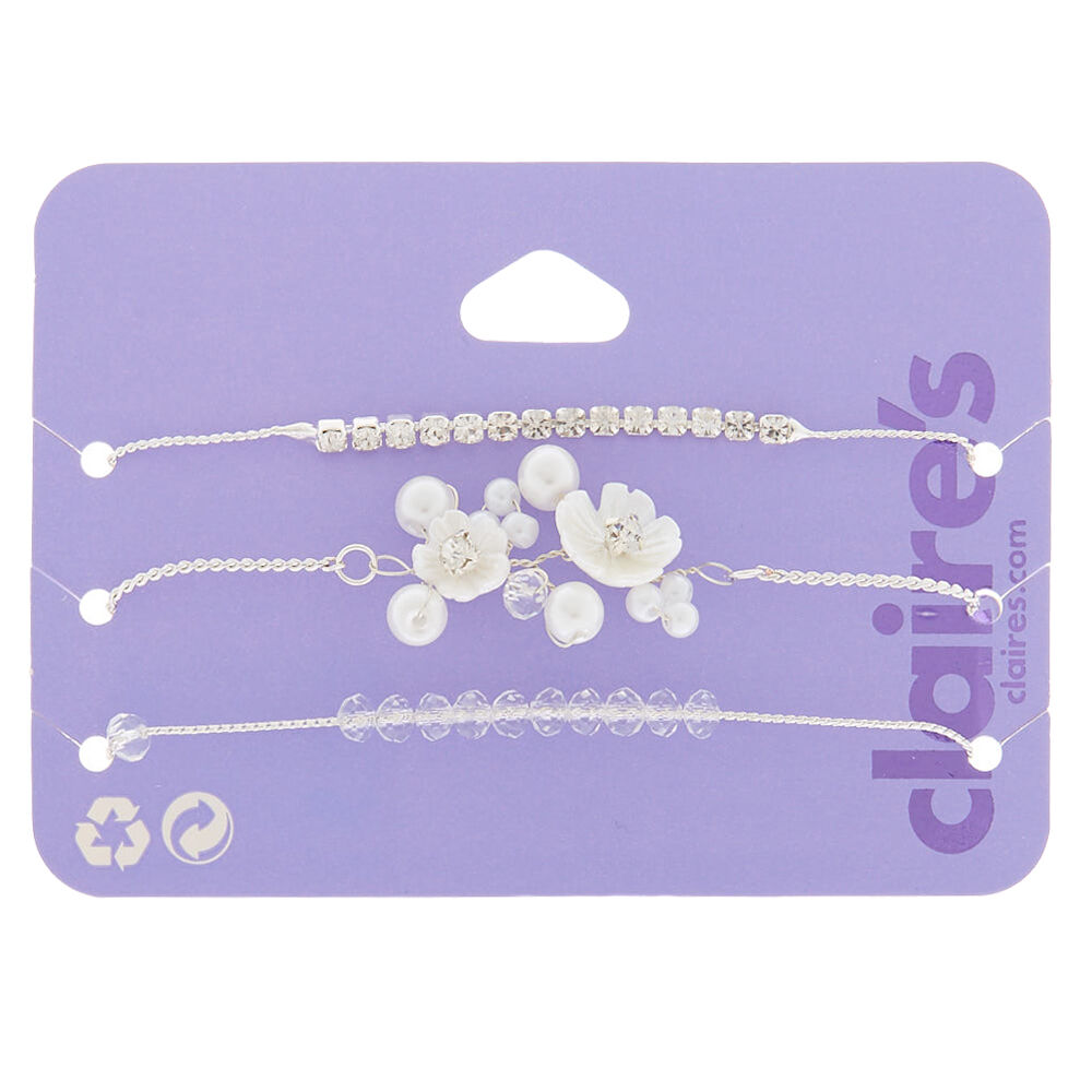 Silver Frosted Flower Adjustable Bracelets - White, 3 Pack,