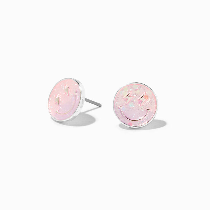 Pink Glow In The Dark Happy Face Stud Earrings,