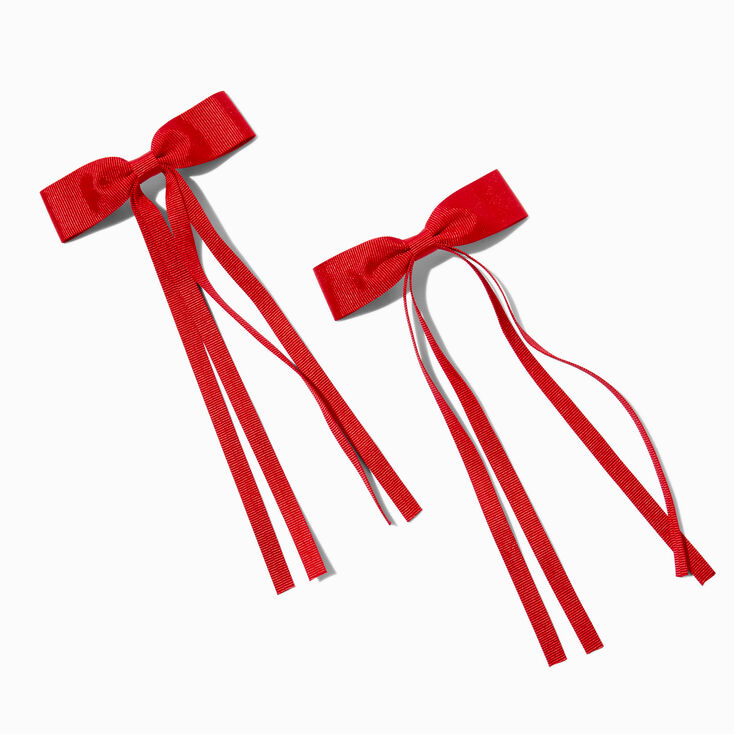 Red Grosgrain Ribbon Long Tail Hair Bow Clips - 2 Pack,