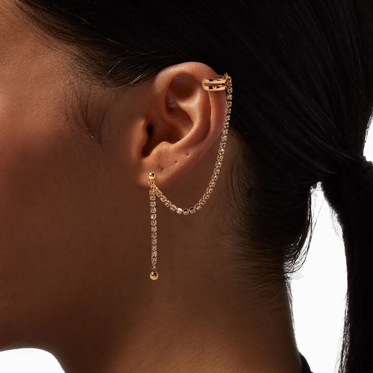 Gold 2&quot; Rhinestone Ball Ear Cuff Drop Earrings,