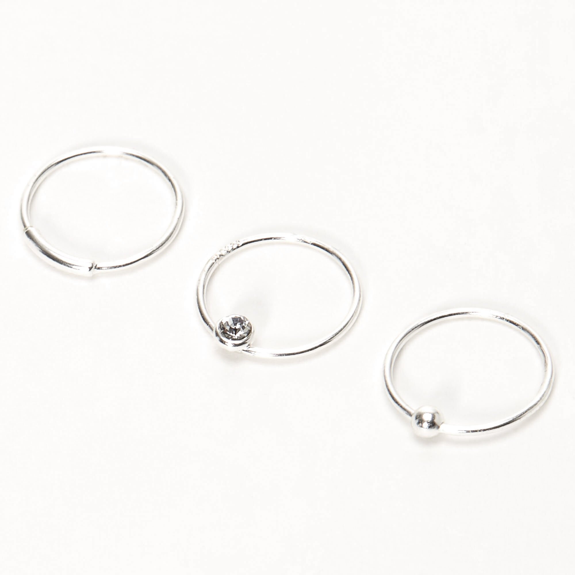 View Claires 22G Bar Ball Crystal Hoop Nose Rings 3 Pack Silver information