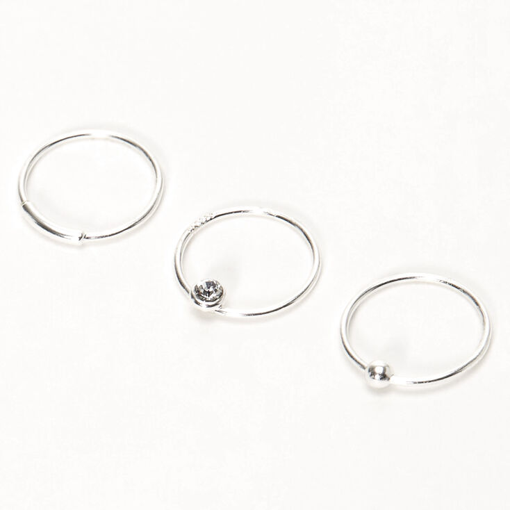 Sterling Silver 22G Bar Ball Crystal Hoop Nose Rings - 3 Pack,