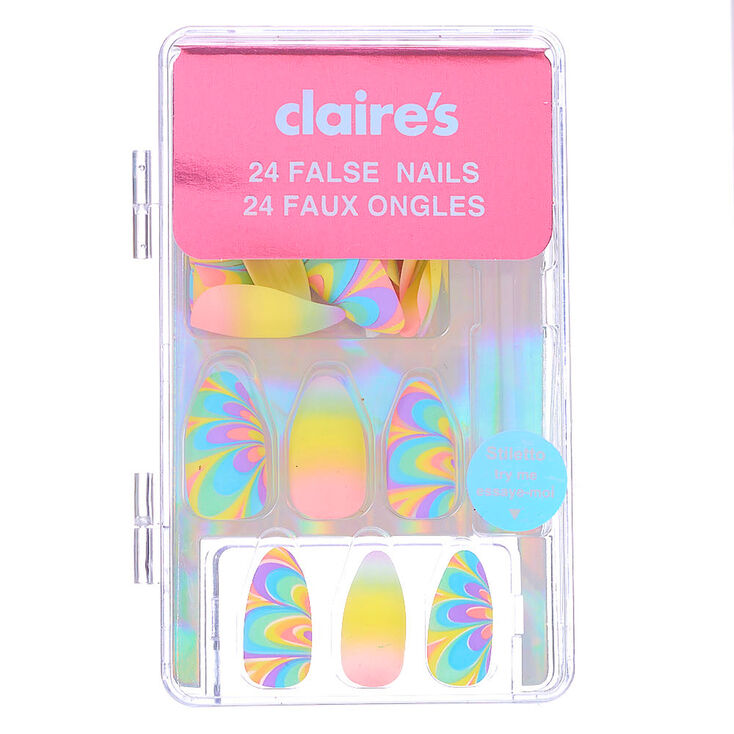 Claire's Faux ongles stiletto tie-dye pastel - Lot de 24