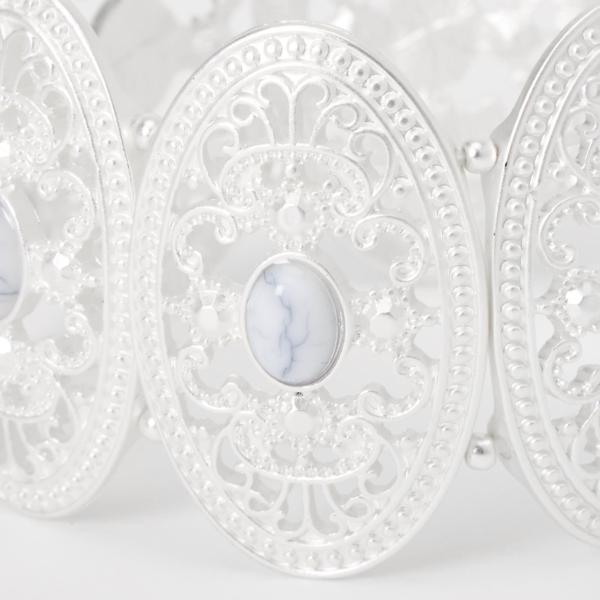 Silver Marble Stone Oval Medallion Stretch Bracelet,