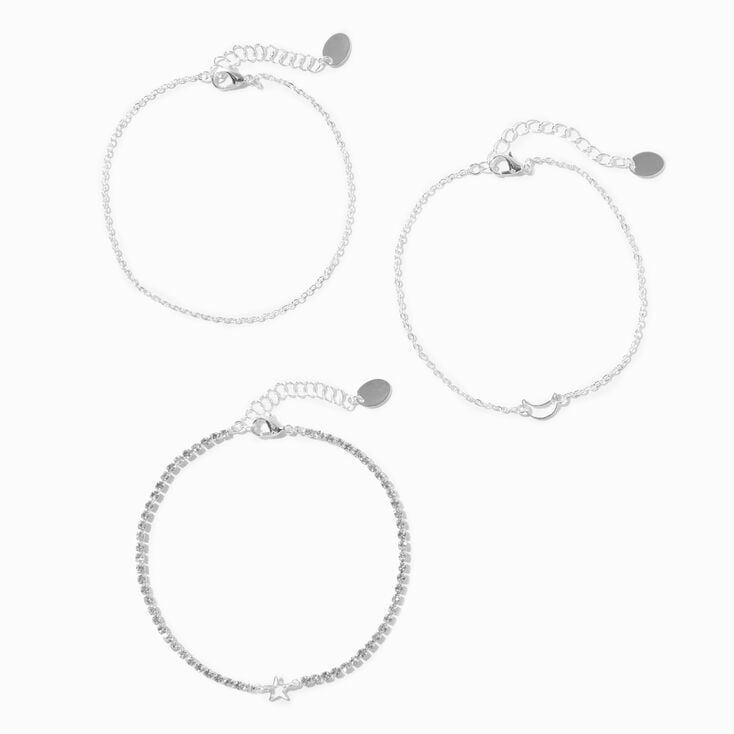 Crescent Moon & Star Silver Chain Anklets - 3 Pack