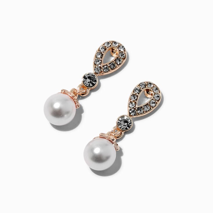 Rose Gold-tone Pearl & Crystal 1" Drop Earrings