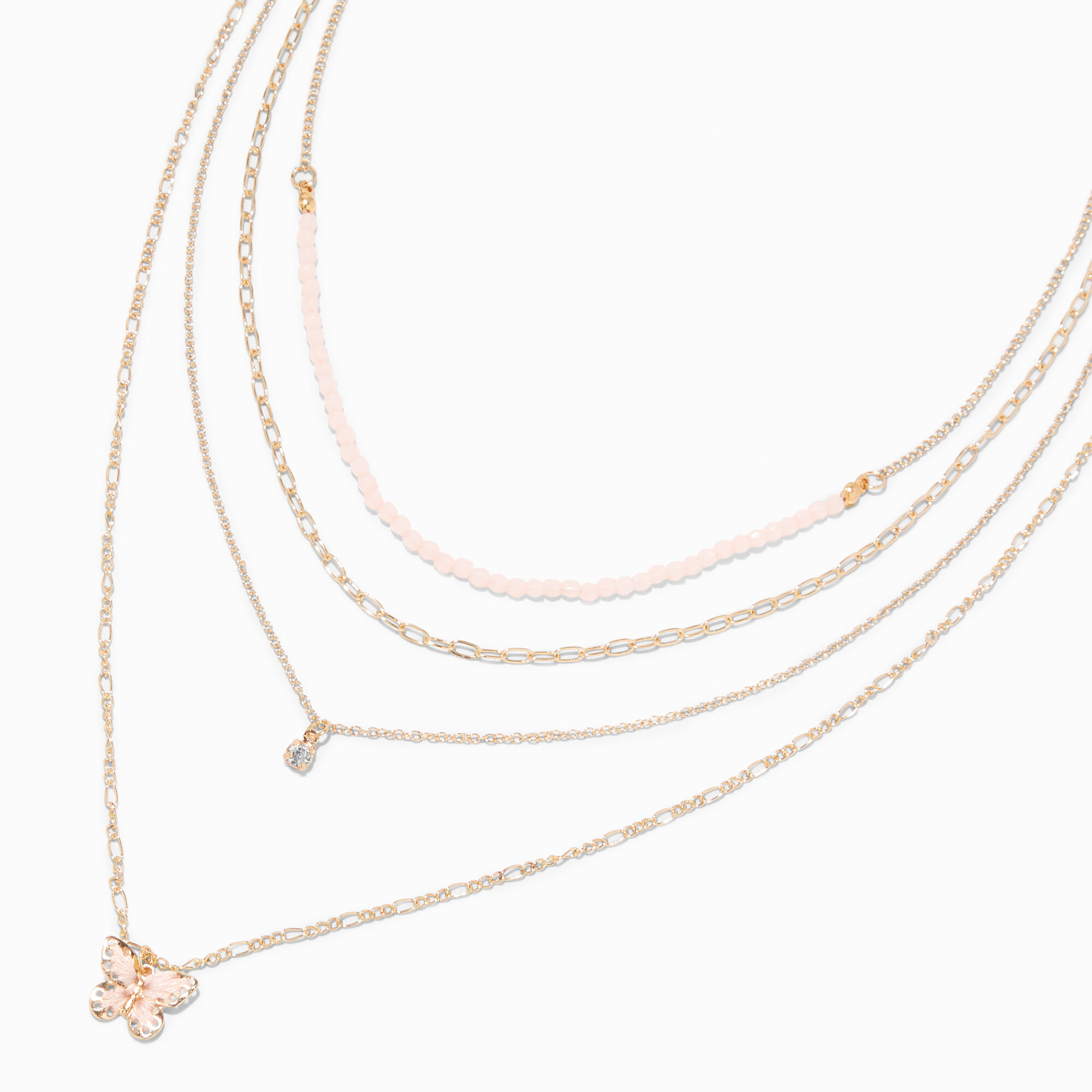View Claires Butterfly Seed Bead GoldTone Multi Strand Silver Chain Necklace Pink information