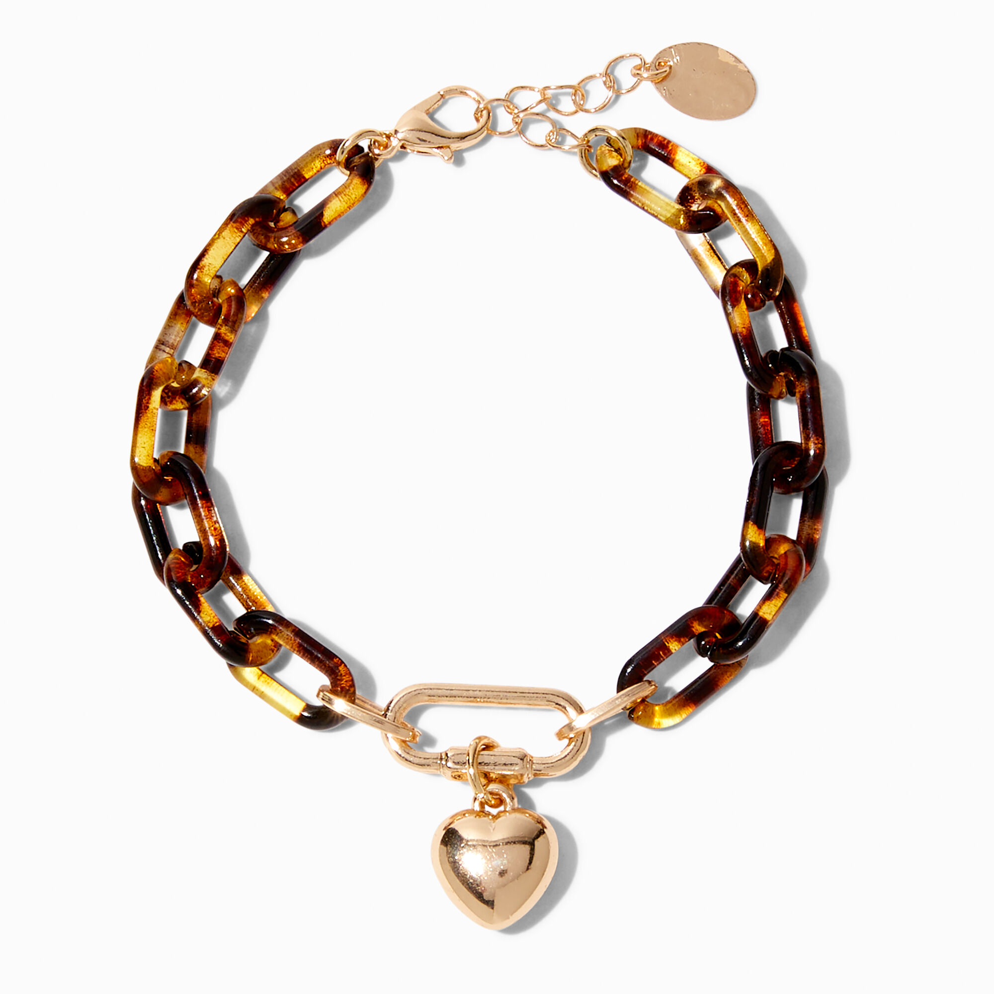 View Claires Chunky Tortoiseshell Chainlink Heart Carabiner Bracelet Gold information