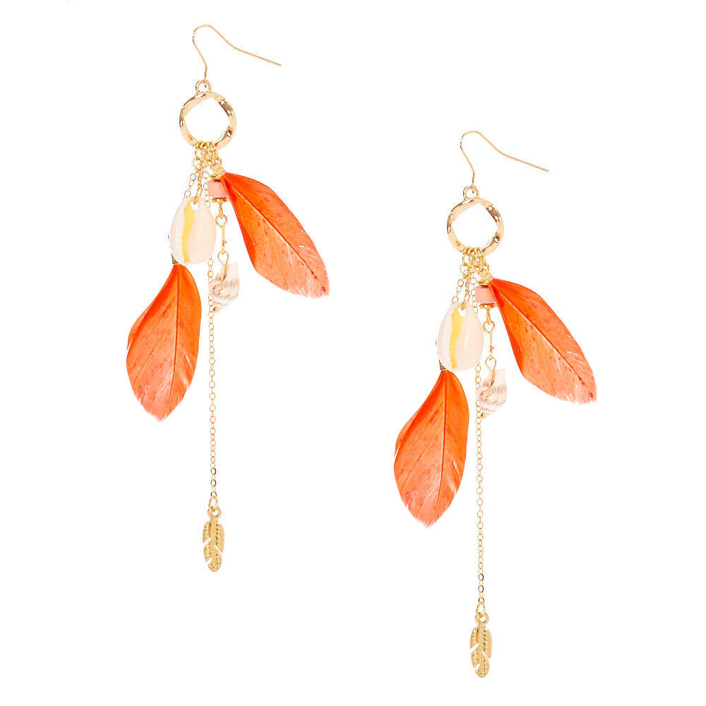 Gold 4.5" Shell Feather Drop Earrings - Coral,