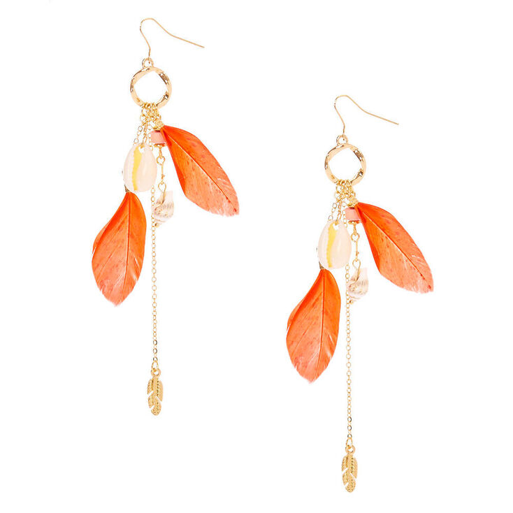 Gold 4.5&quot; Shell Feather Drop Earrings - Coral,