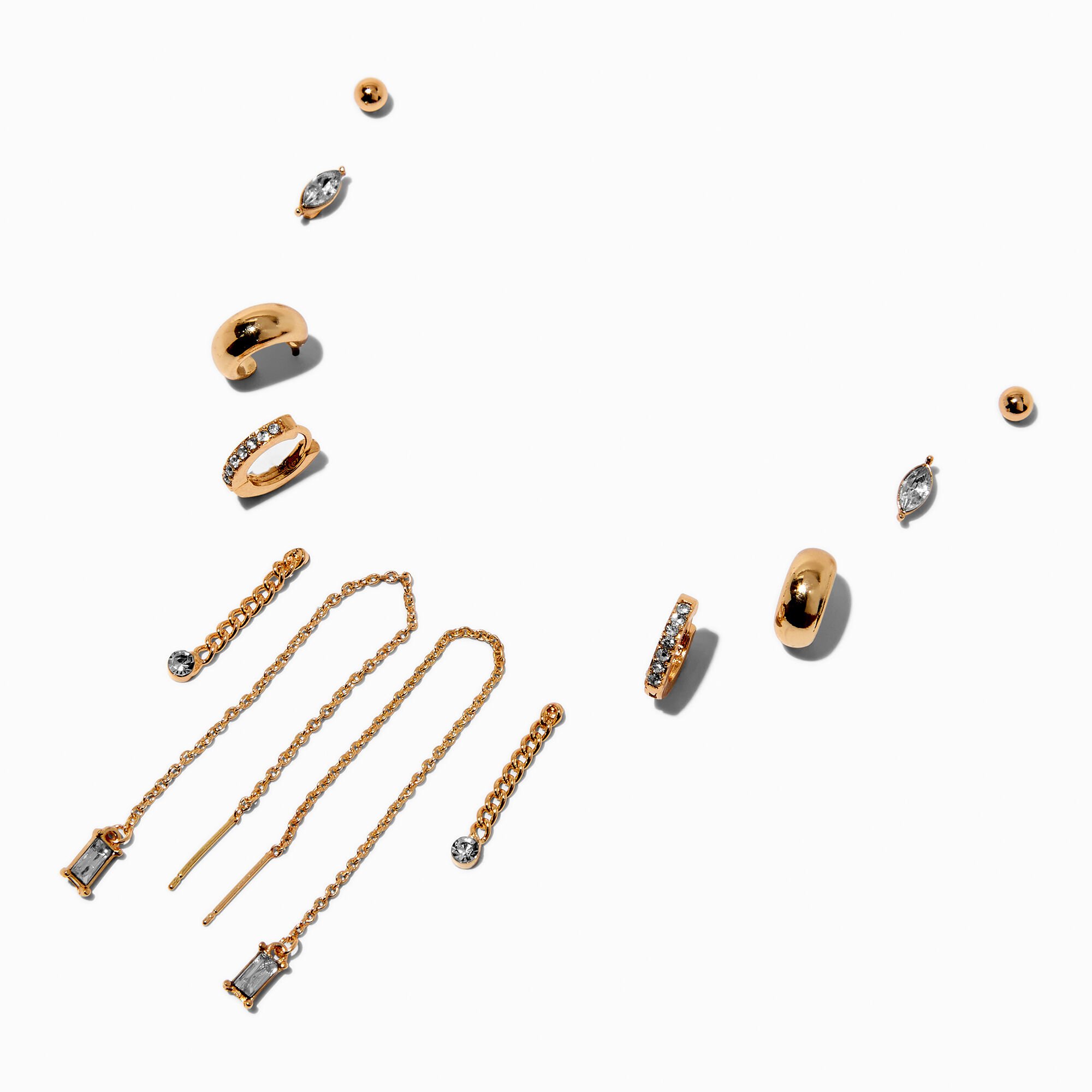 Gold-tone Chain Crystal Earring Stackables Set - 6 Pack,