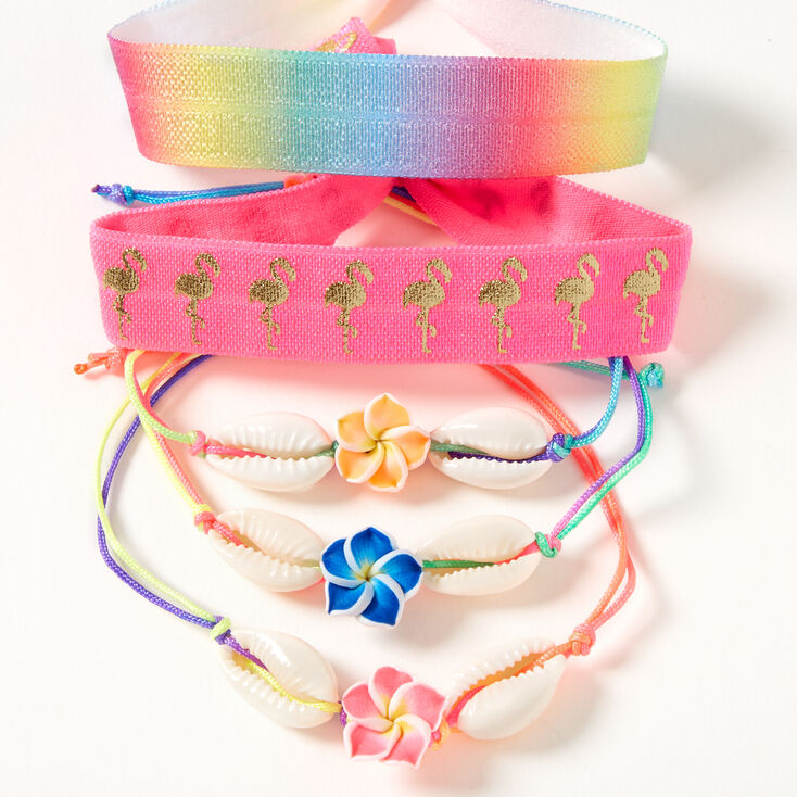 Flower Cowrie Shell Rainbow Adjustable Bracelets - 5 Pack,