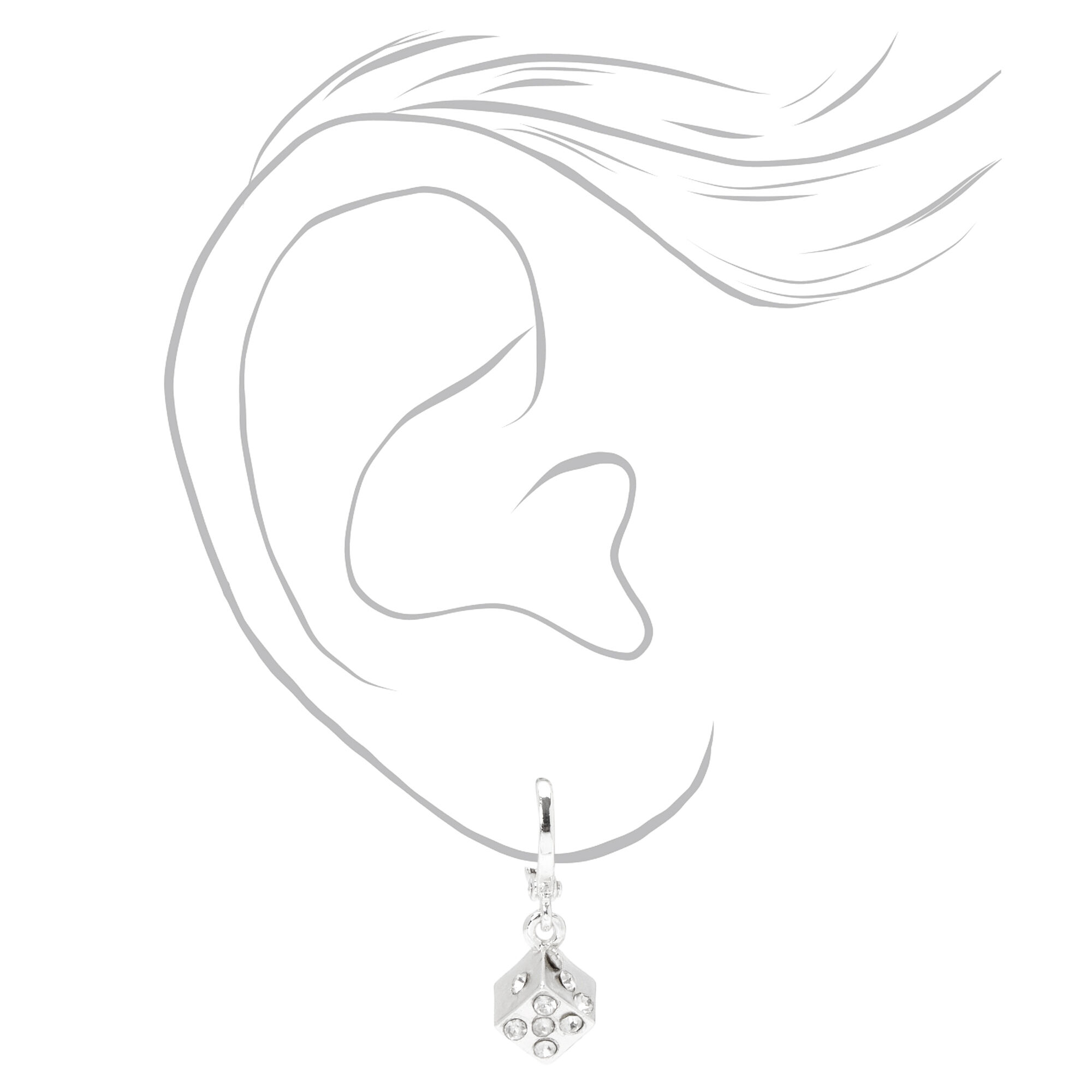 Silver 15MM Dice Huggie Hoop Earrings