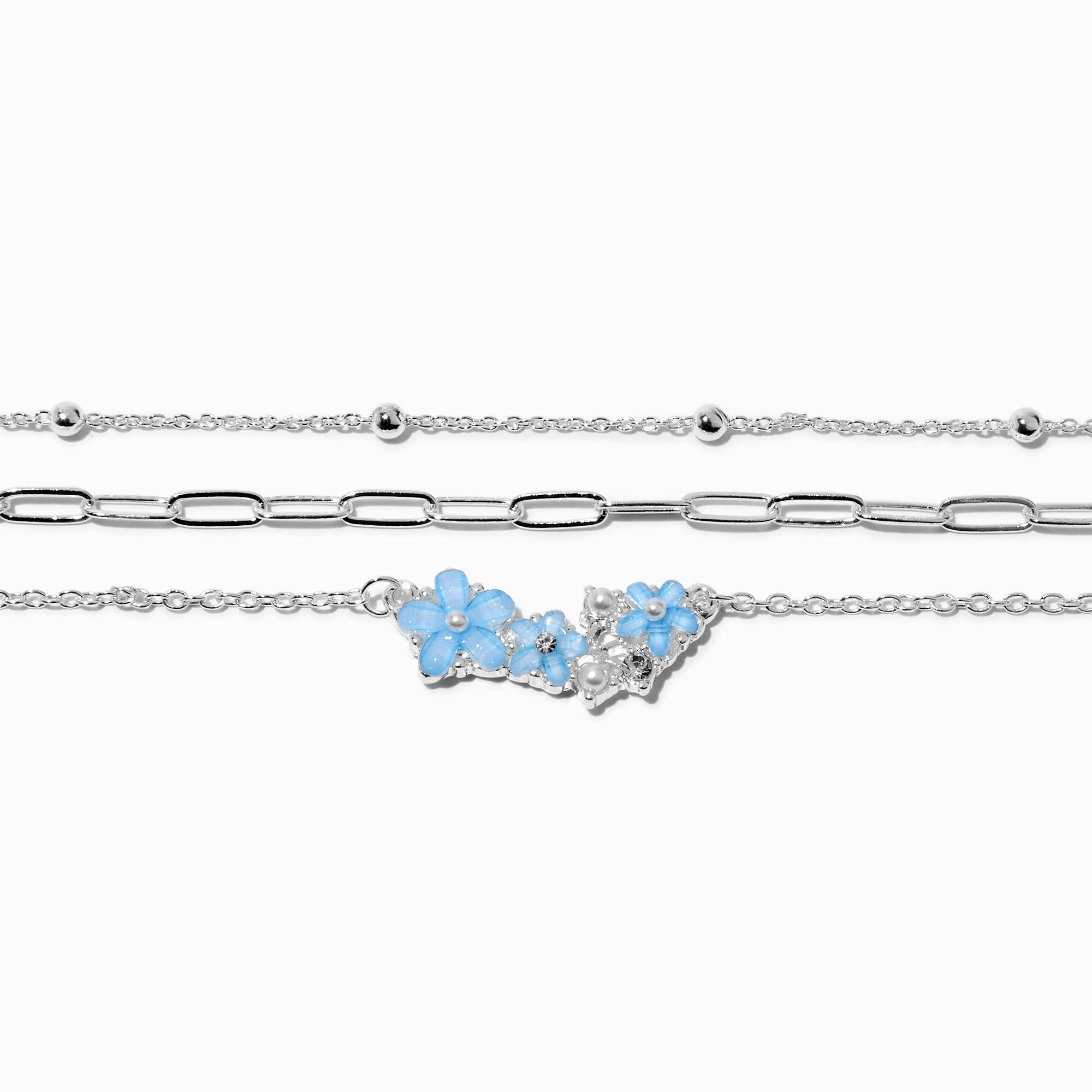 Blue Flower Bouquet Chain Bracelet Set - 3 Pack,