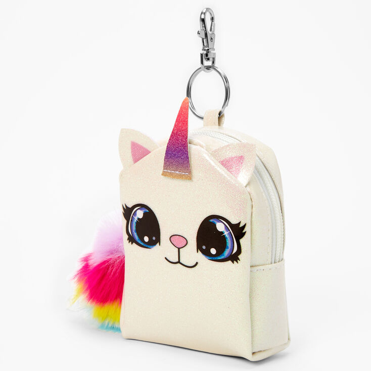 Porte-cl&eacute;s mini sac &agrave; dos visage de chat-licorne &agrave; paillettes - Blanc,