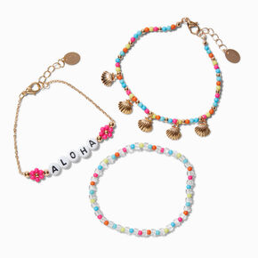 &quot;Aloha&quot; Gold-tone Shell Beaded Bracelet Set -  3 Pack,
