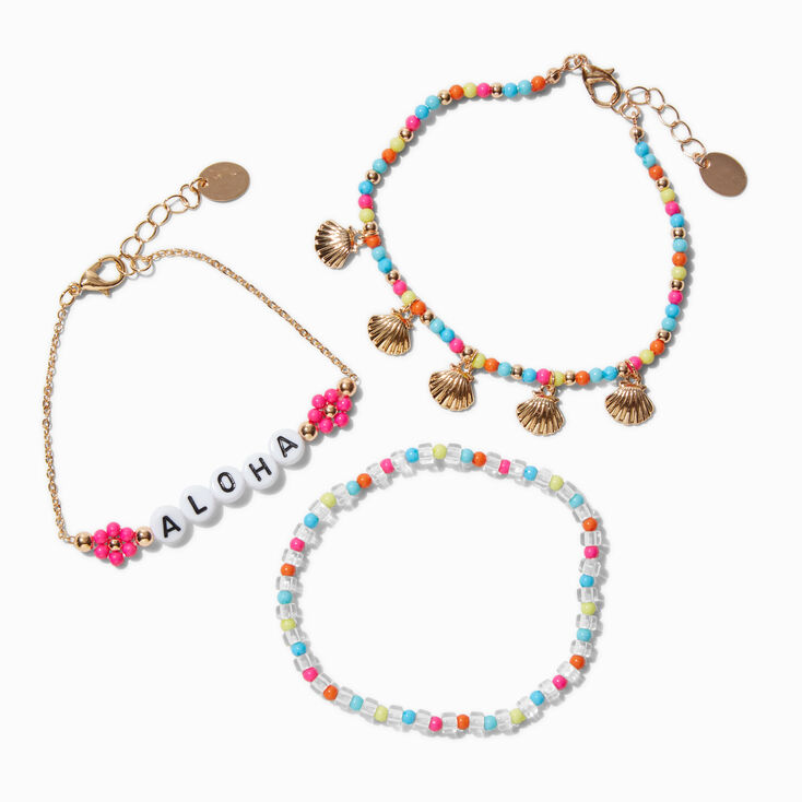 &quot;Aloha&quot; Gold-tone Shell Beaded Bracelet Set -  3 Pack,