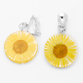 Silver 1&quot; Sunflower Clip On Drop Earrings - Yellow,