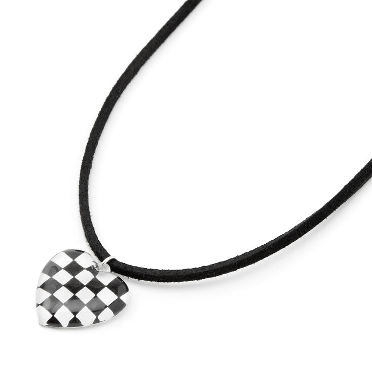 Black &amp; White Checkered Heart Cord Pendant Necklace,