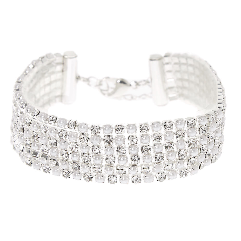 Silver Pearl & Rhinestone Chain Bracelet,