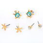 Gold Starfish Turtle Stud Earrings - Turquoise, 3 Pack,