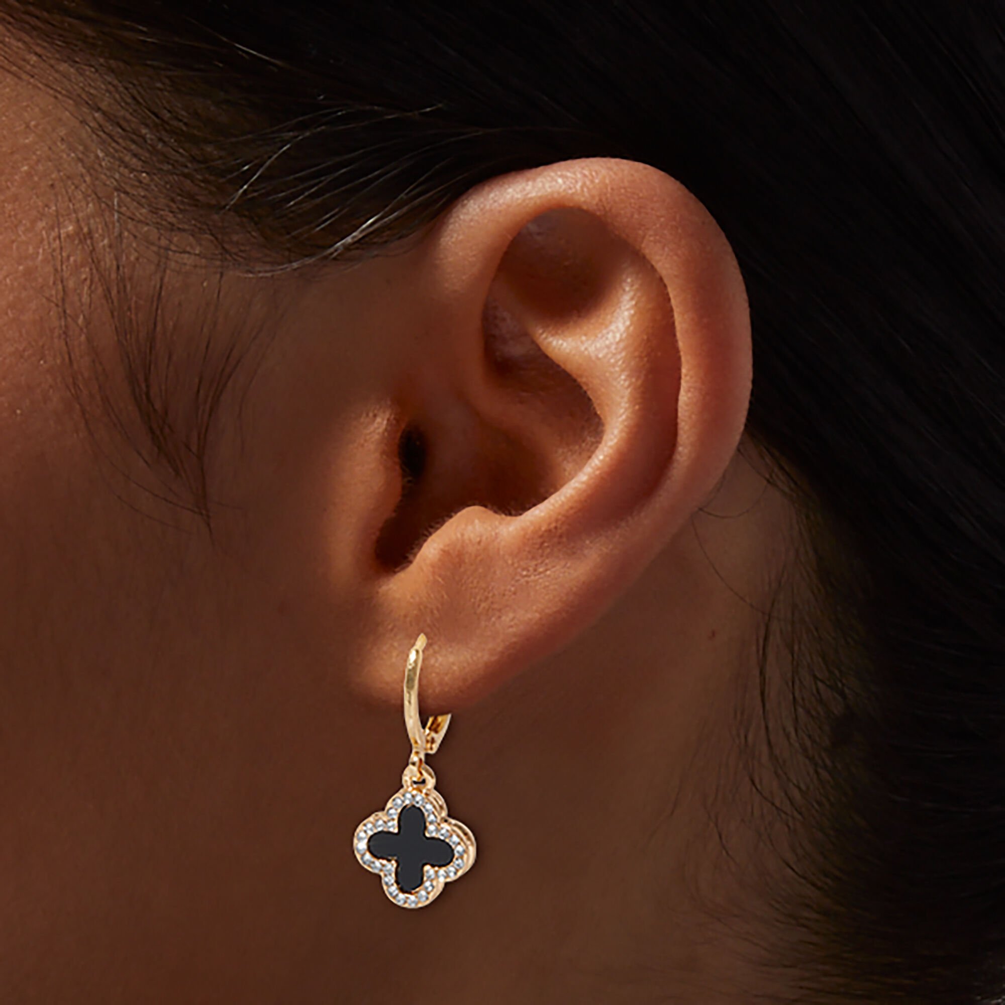 Gold-tone Pink & Black Crystal Clover 12mm Hoop Earrings,
