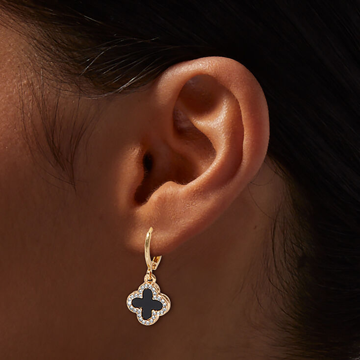 Gold-tone Pink &amp; Black Crystal Clover 12mm Hoop Earrings,