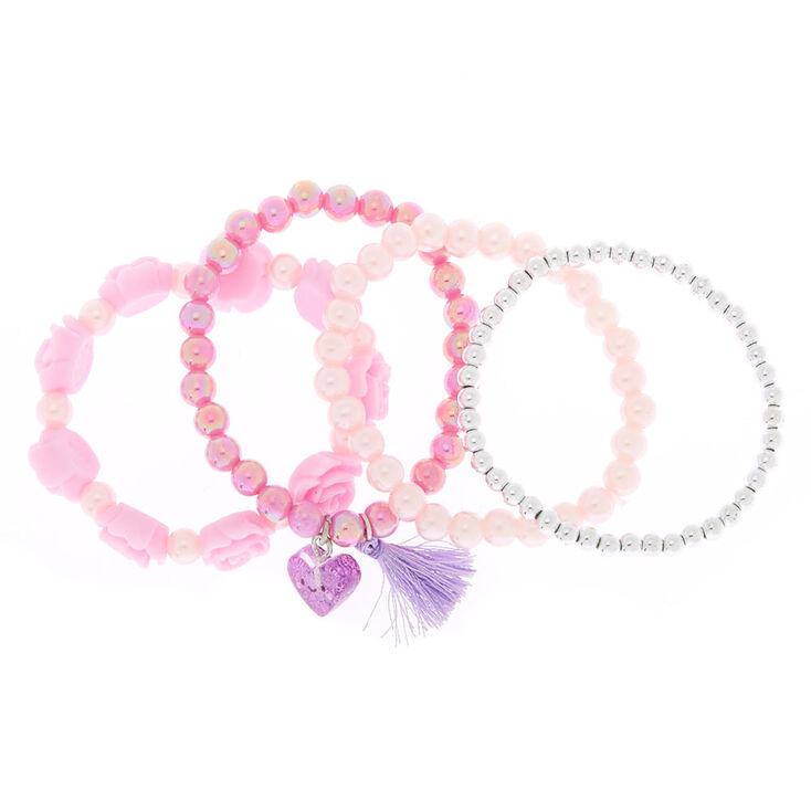 Claire's Club Rose Tassel Stretch Bracelets - Pink, 4 Pack